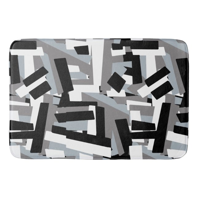 Black White Grey Abstract Geometric Patches Bath Mat (Front)