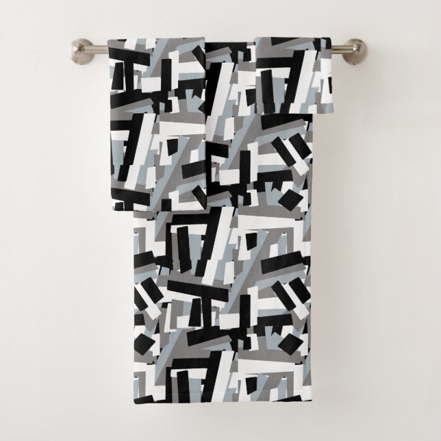 Black White Grey Abstract Geometric Patches Bath Towel Set (Insitu)