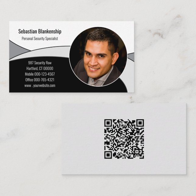 Black, White & Grey Abstract with QR Code & Photo  Business Card (Front/Back)