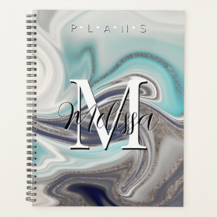 Black White Grey Aqua Monogram Abstract Planner