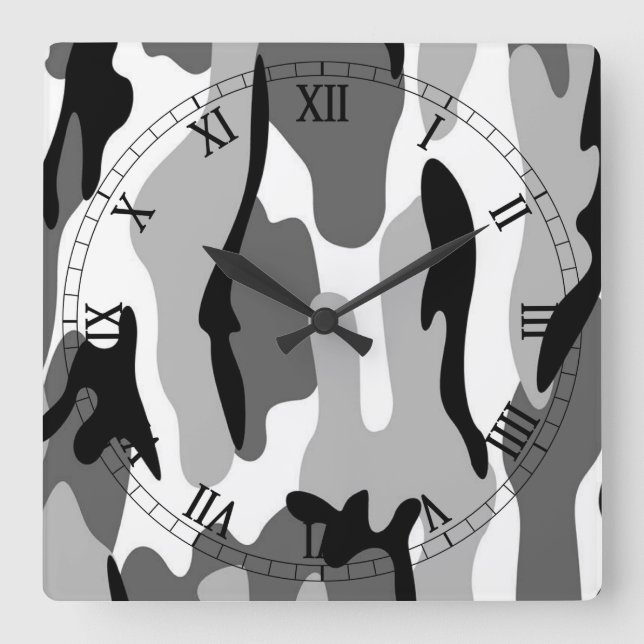 Black White Grey Camouflage Roman Numerals Clock (Front)