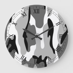 Black White Grey Camouflage Roman Numerals Clock
