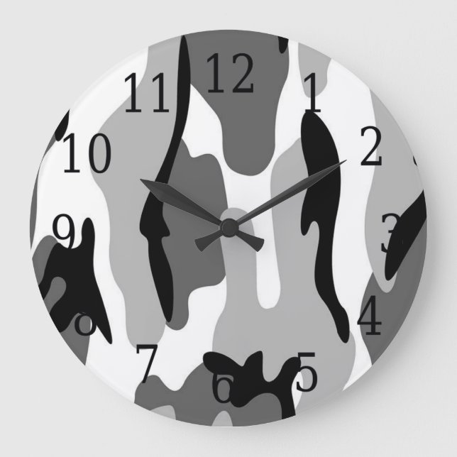 Black White Grey Camouflage Round Clock (Front)