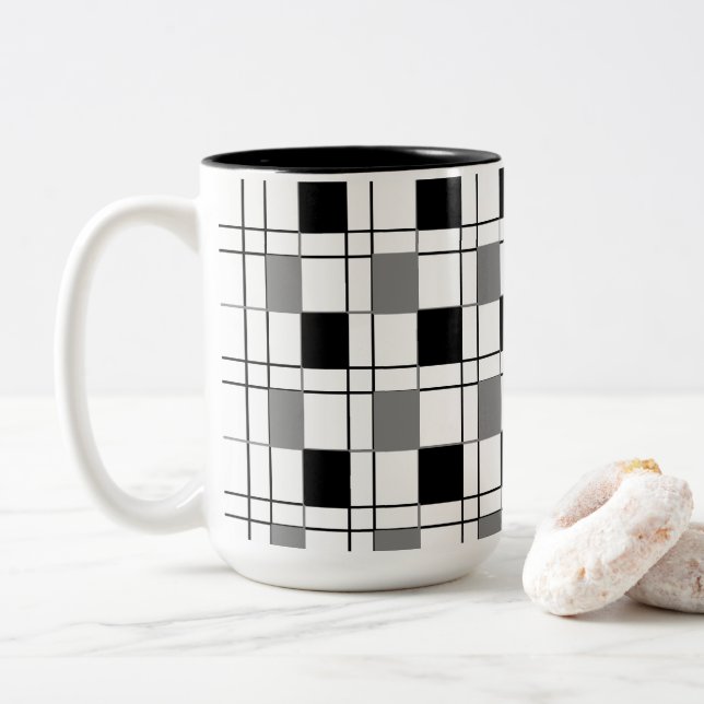 Black White Grey Chequered Pattern Two-Tone Coffee Mug (With Donut)