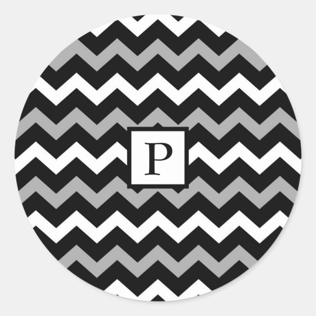 Black White & Grey Chevron Print Pattern Classic Round Sticker (Front)