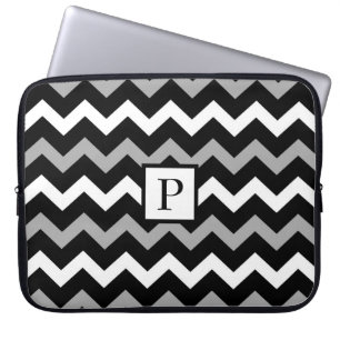 Black White & Grey Chevron Print Pattern Laptop Sleeve