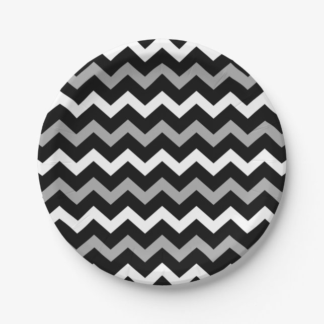 Black White & Grey Chevron Print Pattern Paper Plate (Front)