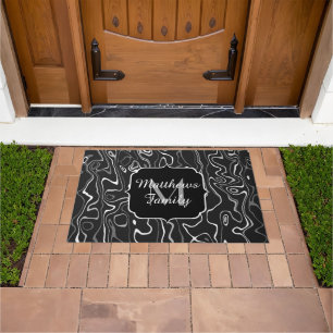Black white grey damascus abstract family Monogram Doormat