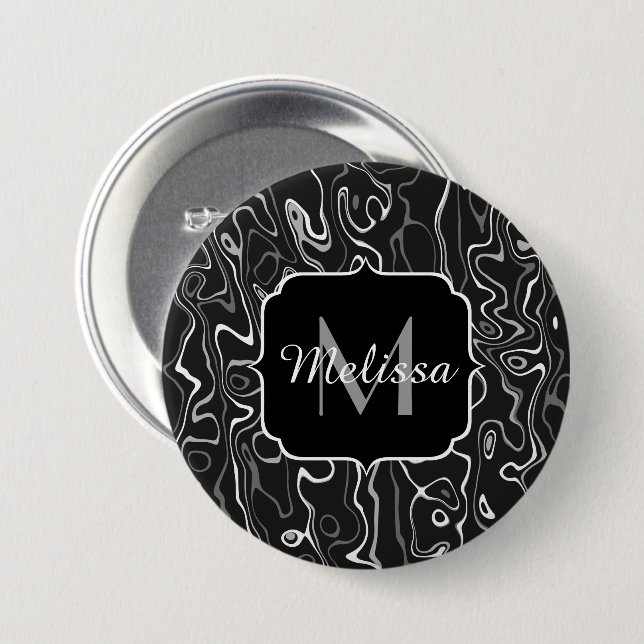 Black white grey damascus abstract swirls Monogram 7.5 Cm Round Badge (Front & Back)