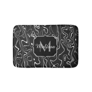 Black white grey damascus abstract swirls Monogram Bath Mat