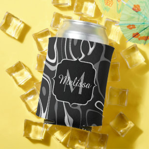 Black white grey damascus abstract swirls Monogram Can Cooler