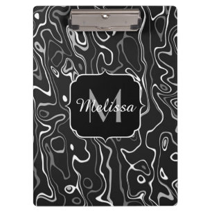 Black white grey damascus abstract swirls Monogram Clipboard