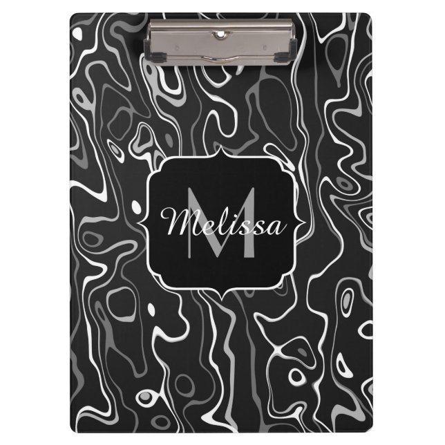 Black white grey damascus abstract swirls Monogram Clipboard (Front)