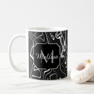 Black white grey damascus abstract swirls Monogram Coffee Mug