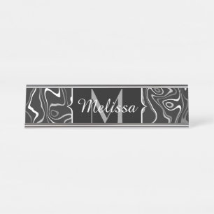 Black white grey damascus abstract swirls Monogram Desk Name Plate