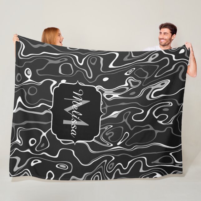 Black white grey damascus abstract swirls Monogram Fleece Blanket (In Situ)