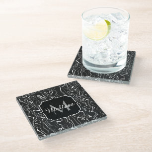Black white grey damascus abstract swirls Monogram Glass Coaster