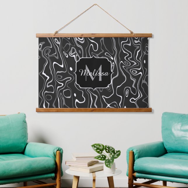 Black white grey damascus abstract swirls Monogram Hanging Tapestry (Living Room)
