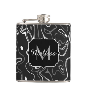 Black white grey damascus abstract swirls Monogram Hip Flask