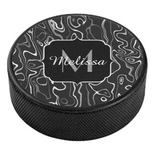 Black white grey damascus abstract swirls Monogram Hockey Puck