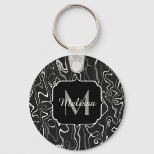 Black white grey damascus abstract swirls Monogram Key Ring