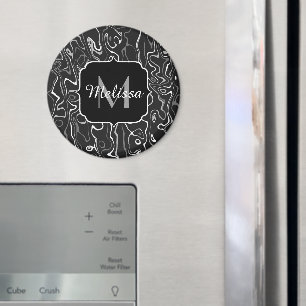 Black white grey damascus abstract swirls Monogram Magnet