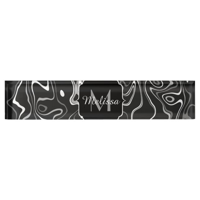 Black white grey damascus abstract swirls Monogram Nameplate (Front)