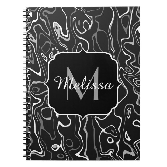 Black white grey damascus abstract swirls Monogram Notebook (Front)