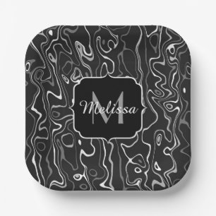 Black white grey damascus abstract swirls Monogram Paper Plate