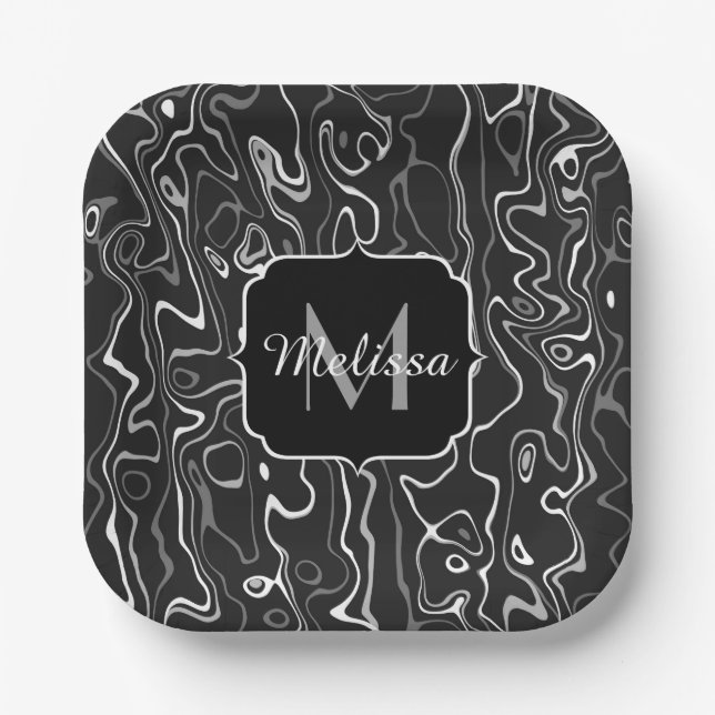 Black white grey damascus abstract swirls Monogram Paper Plate (Front)