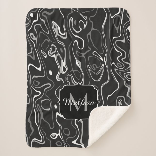 Black white grey damascus abstract swirls Monogram Sherpa Blanket (Front)