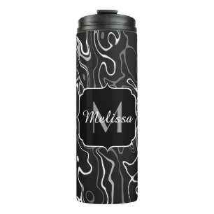 Black white grey damascus abstract swirls Monogram Thermal Tumbler