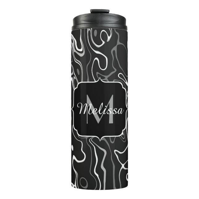Black white grey damascus abstract swirls Monogram Thermal Tumbler (Front)