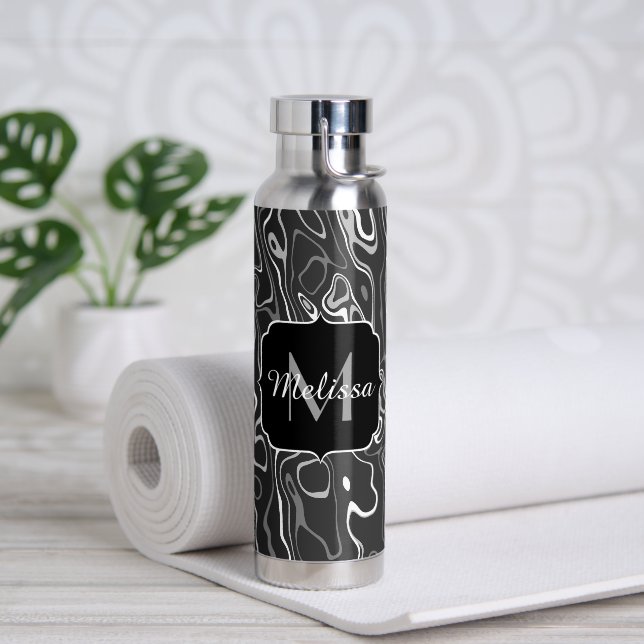 Black white grey damascus abstract swirls Monogram Water Bottle (Yoga (Rotated))