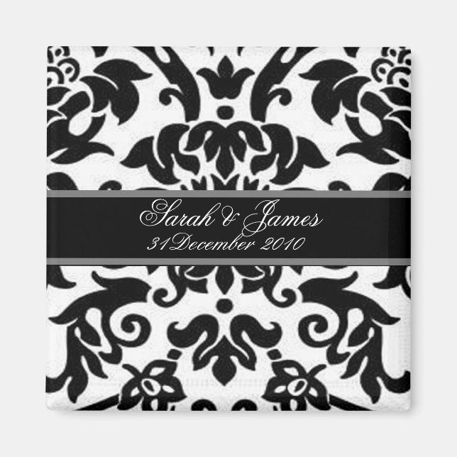 Black white & grey damask save the date magnet (Front)