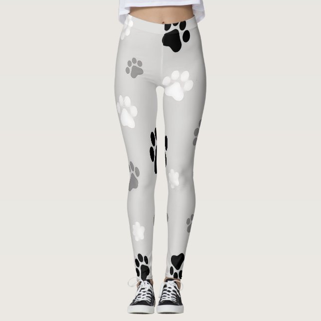 Black, White & Grey Dog Paw Printed Leggings (Front)