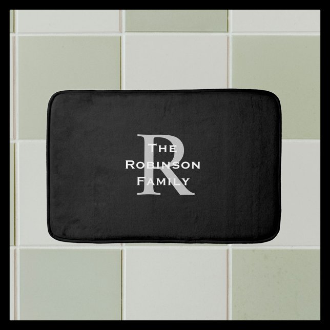 Black White Grey Family Name Classic Monogrammed  Bath Mat (Creator Uploaded)