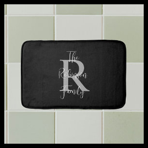 Black White Grey Family Name Classic Monogrammed  Bath Mat