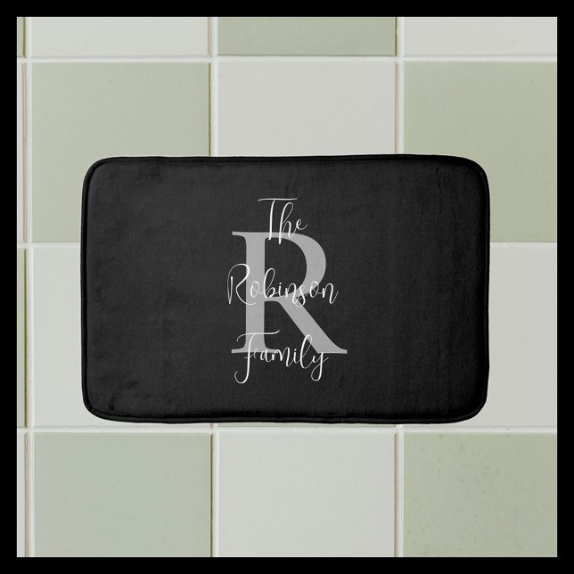 Black White Grey Family Name Classic Monogrammed  Bath Mat (Creator Uploaded)