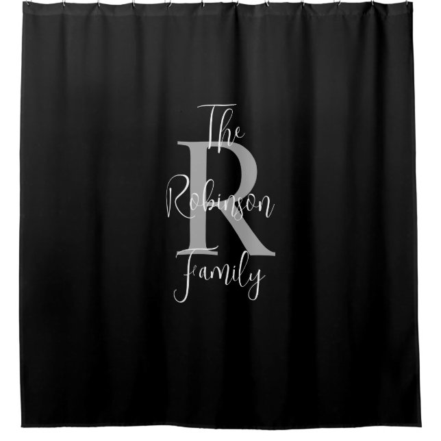 Black White Grey Family Name Monogrammed  Shower Curtain (Front)