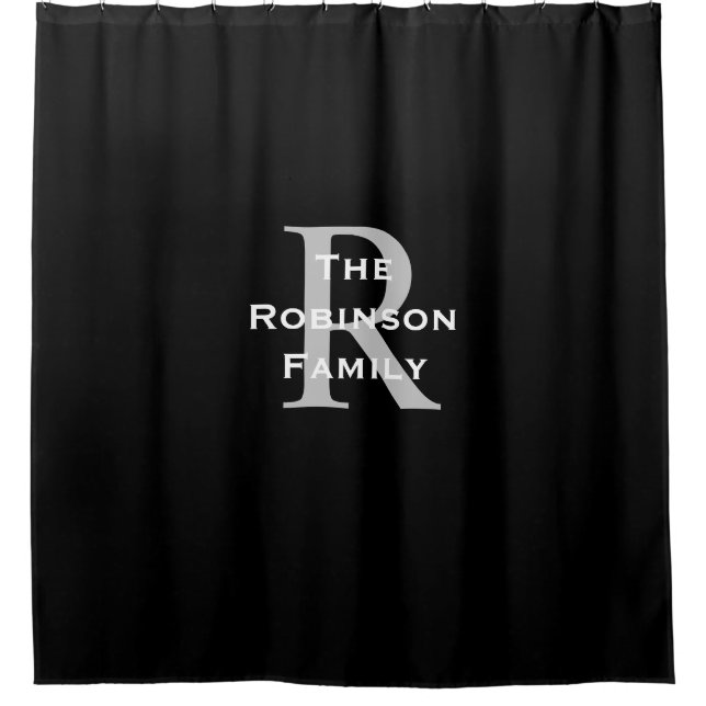 Black White Grey Family Name Monogrammed  Shower Curtain (Front)