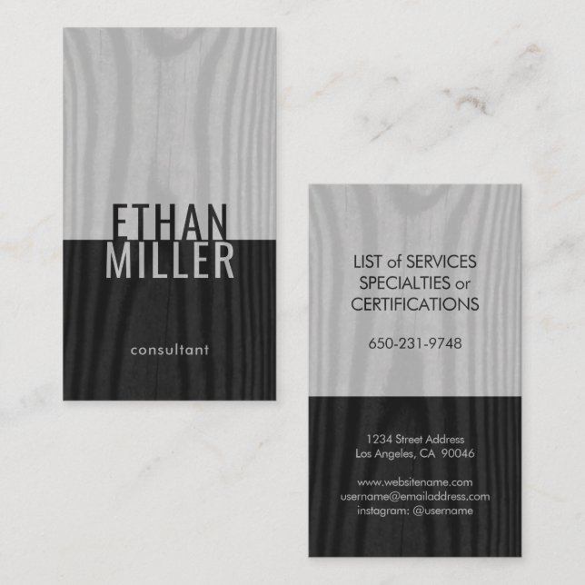 Black White Grey Faux Wood Modern Minimal Vertical Business Card (Front/Back)
