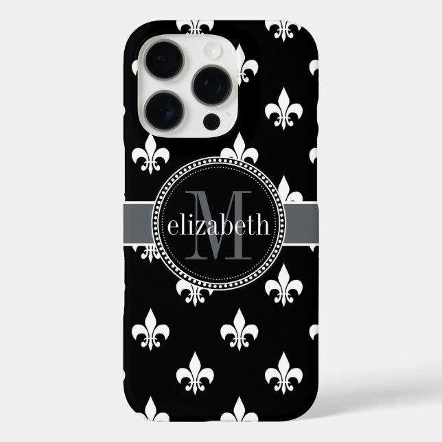 Black White Grey Fleur de Lis Monogram Case-Mate iPhone Case (Back)