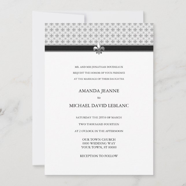 Black White Grey Fleur de Lis Pattern Wedding Invitation (Front)