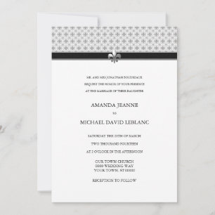 Black White Grey Fleur de Lis Pattern Wedding Invitation