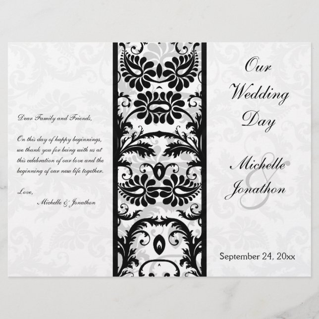 Black, White, Grey Floral Damask Wedding Program (Front)