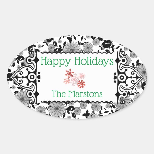 Black White Grey Florals Design Customisable Oval  Sticker (Front)