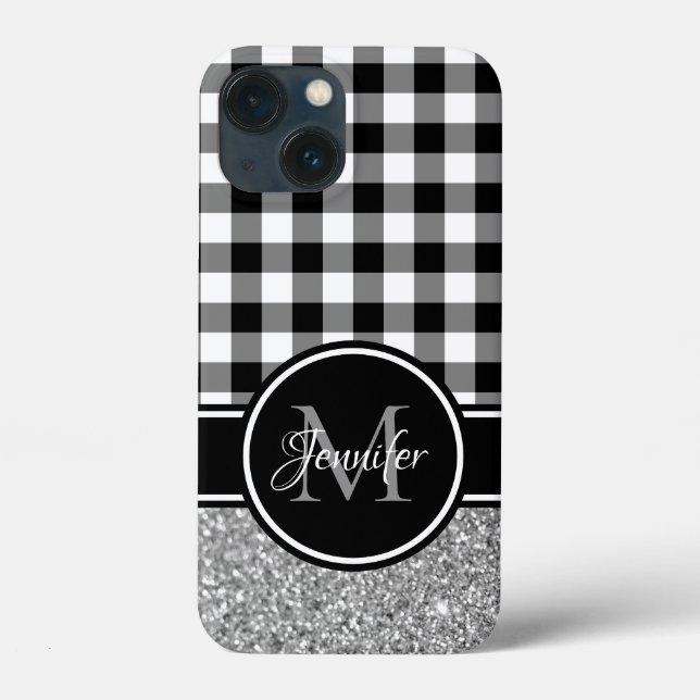 Black White Grey Glitter Buffalo Plaid Monogram Case-Mate iPhone Case (Back)
