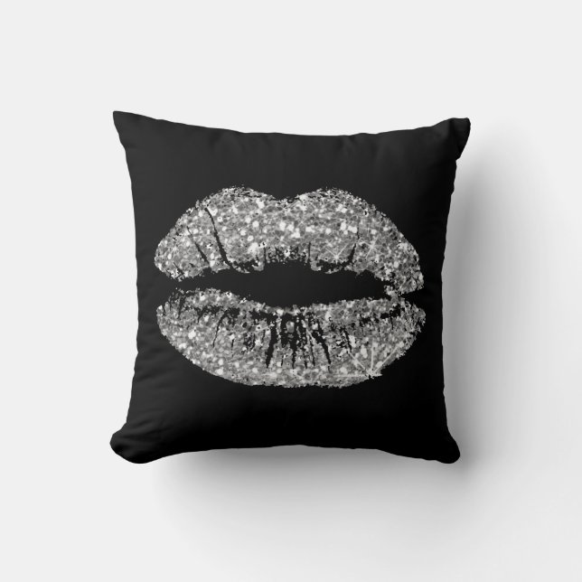 Black White Grey Glitter Kiss Lips Makeup Sparkly Cushion (Front)