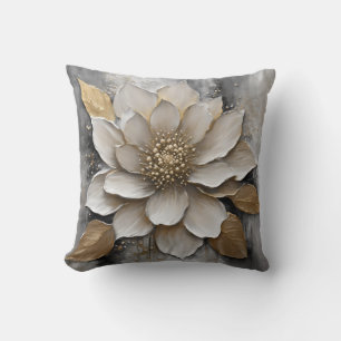 Black White Grey Gold Flower Print Cushion